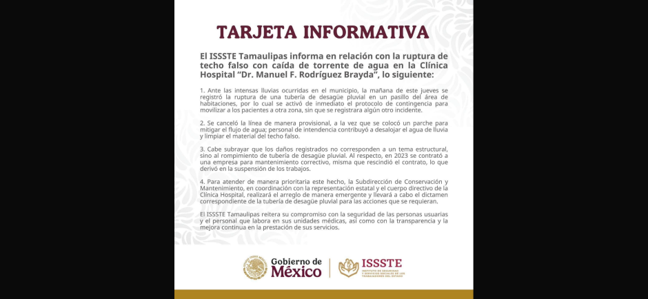 ISSSTE emite comunicado tras colapsar techo por lluvias.