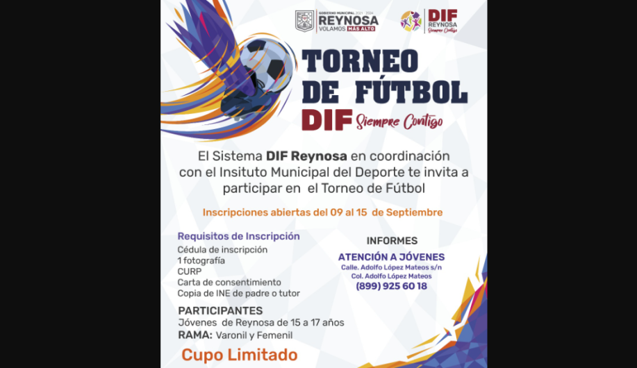 Invita DIF Reynosa a torneo de fútbol 