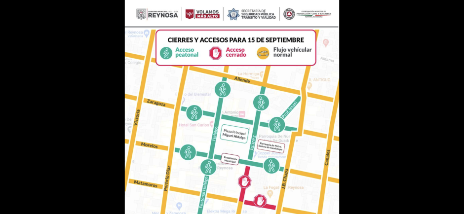 Aviso de cierre de vialidades por Fiestas Patrias en Reynosa