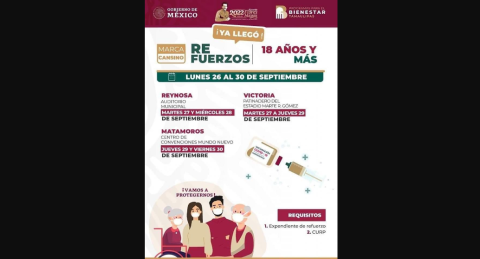 Vacunan martes y miércoles contra COVID-19 a personas de 18 y más en Reynosa 