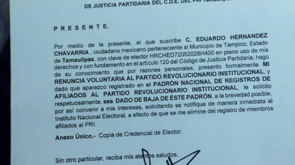 Ex diputado local Eduardo Hernández renuncia al PRI