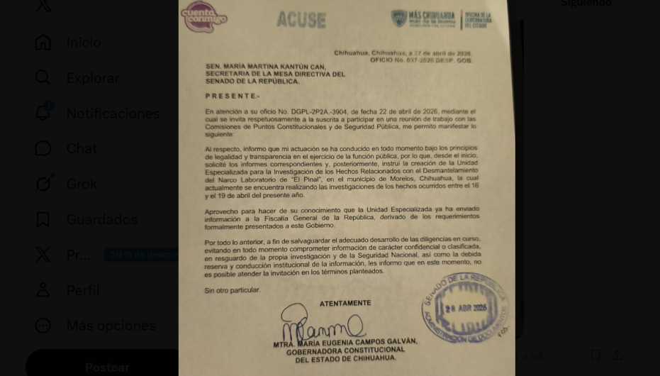 Maru Campos rechaza reunión en Senado sobre agentes de la CIA