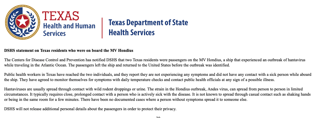 Autoridades de Texas confirman presencia de dos residentes en crucero con brote de hantavirus