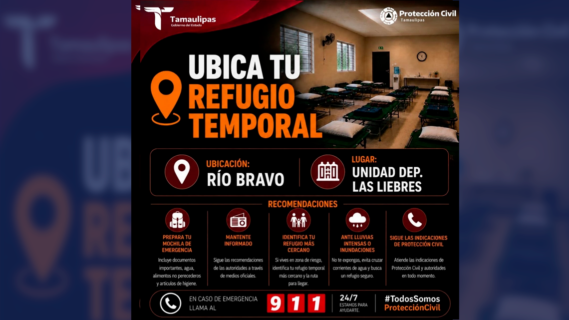 Habilita PC refugios temporales en Reynosa, Matamoros y Río Bravo ante condiciones meteorológicas