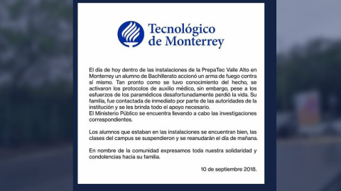 Confirman suicidio de alumno en Prepa Tec en Monterrey