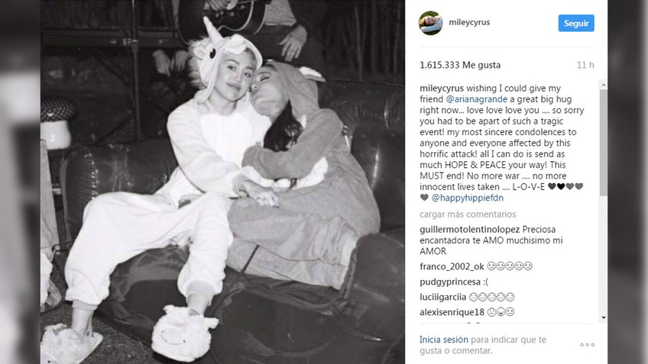 Miley Cyrus muestra aprecio a Ariana Grande tras sucesos en Manchester