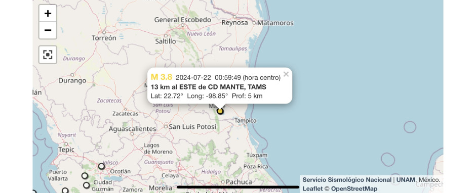 Se registra sismo de 3.8 en Ciudad Mante