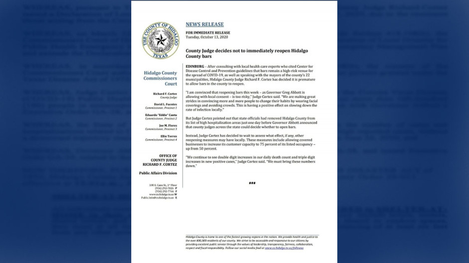 Condado Hidalgo decide no avanzar con reapertura de bares 