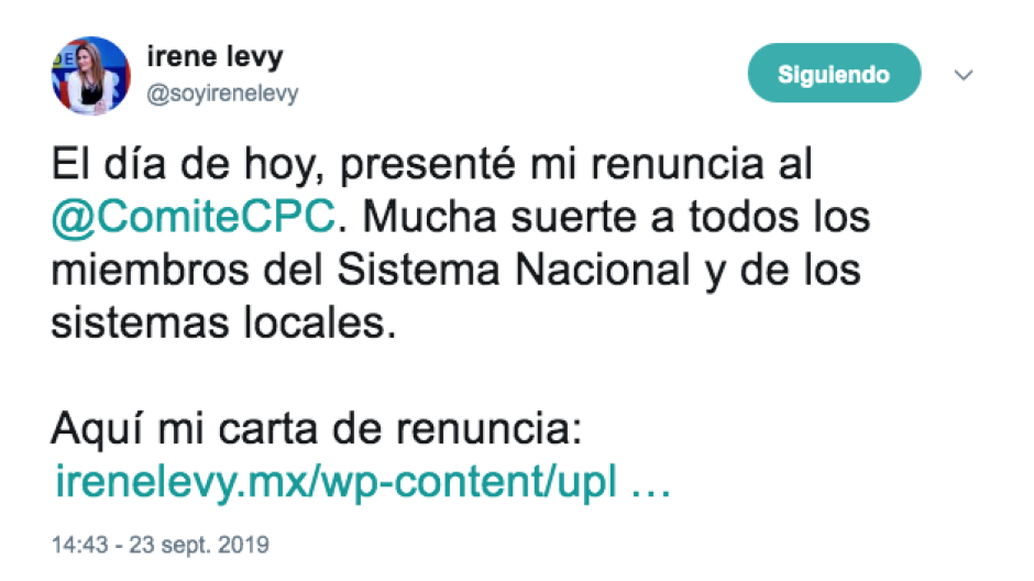 Renuncia Irene Levy al Comité de Participación Ciudadana del SNA