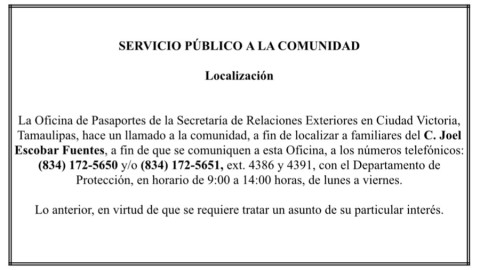 SRE solicita el apoyo de la comunidad para localizar a los familiares del C. Joel Escobar Fuentes