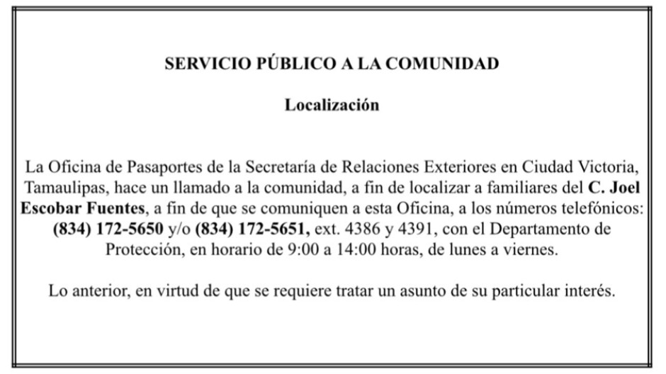SRE solicita el apoyo de la comunidad para localizar a los familiares del C. Joel Escobar Fuentes