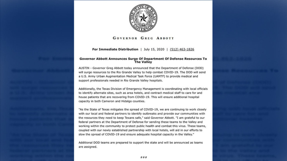 Departamento de Defensa brindará apoyo a hospitales de Valle del Río Grande 