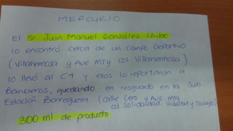 Aseguran frasco con Mercurio encontrado en un parque