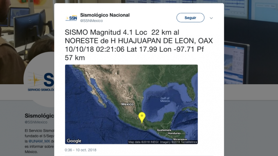 Se registra sismo de 4.1 grados en Oaxaca, esta madrugada 