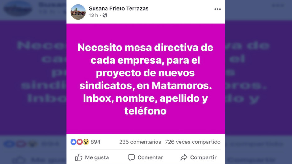 Va Susana Prieto por nuevos sindicatos en Matamoros 