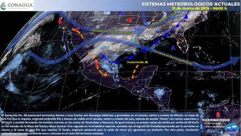 Frente frío No. 48 ocasionará tormentas puntuales fuertes a muy fuertes en el sureste del país