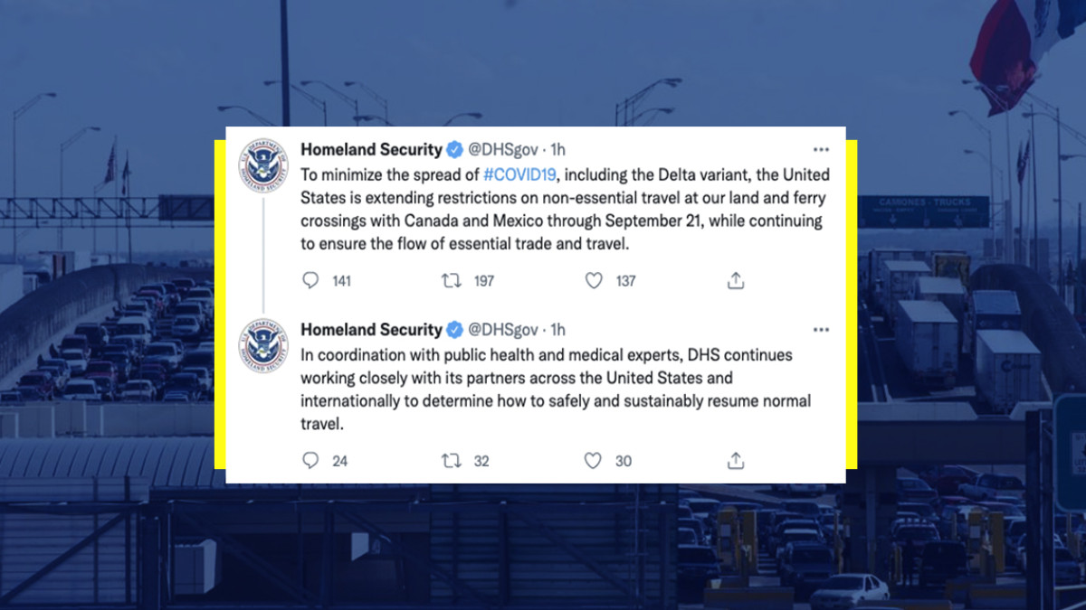 Extiende EU restricciones de viaje no esenciales con México hasta septiembre 