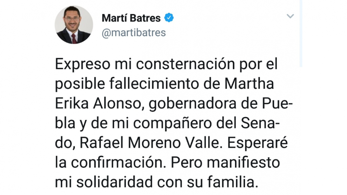 Envían condolencias por fallecimiento de gobernadora de Puebla y su esposo