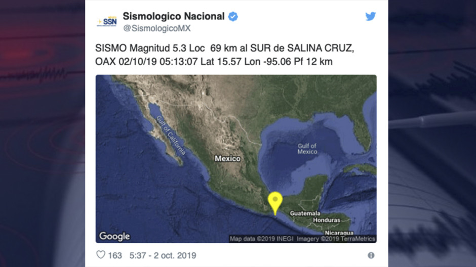 Sismo de magnitud 5.3 sacude Oaxaca esta madrugada