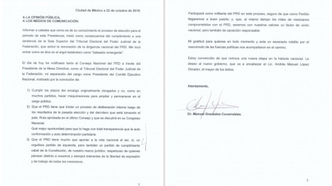 Manuel Granados renuncia a la dirigencia del PRD