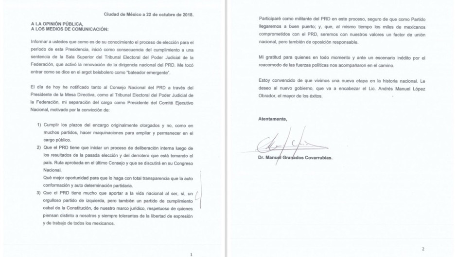 Manuel Granados renuncia a la dirigencia del PRD