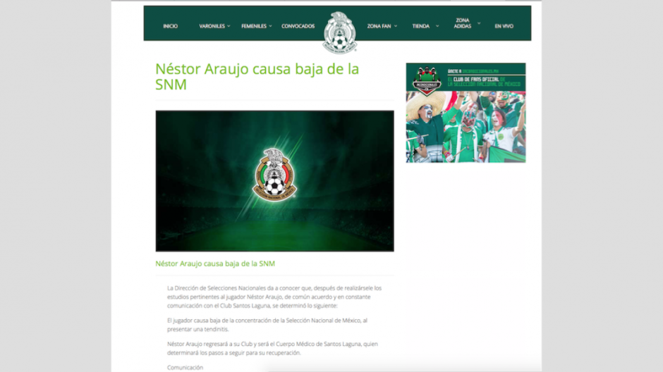 Néstor Araujo se pierde el Mundial por una tendinitis