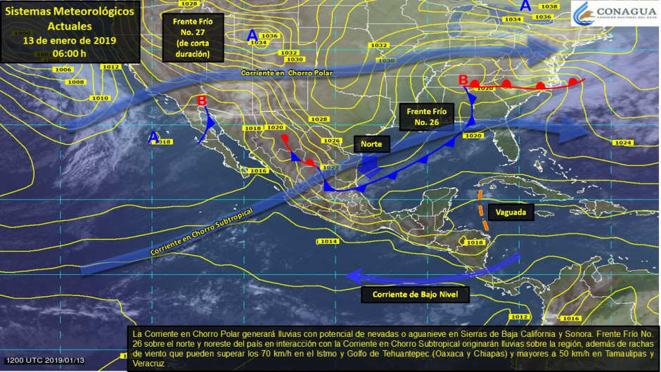 Frente frío no. 26 ocasionará tormentas puntuales fuertes en estados del oriente y sureste