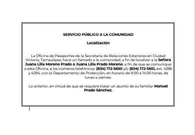SRE solicita el apoyo de la comunidad para localizar a Juana Lilia Moreno Prado 
