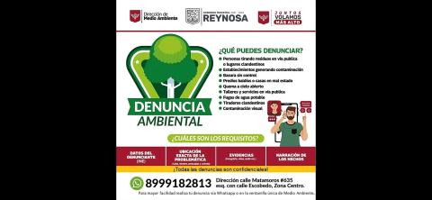 Exhorta Gobierno de Reynosa a cuidar medio ambiente y emitir denuncias