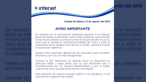 Interjet obtiene suspensión contra adeudos