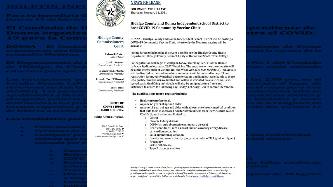 Condado Hidalgo organiza clínica de vacunación contra el Covid-19 