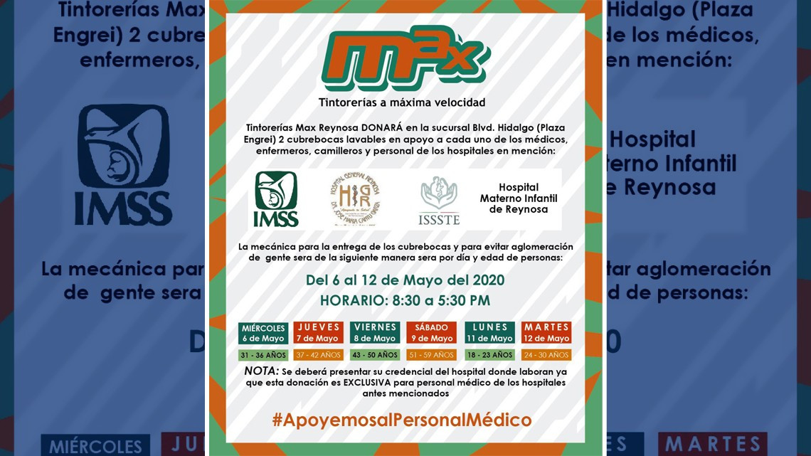 Tintorerías Max donará cubrebocas lavables al personal médico