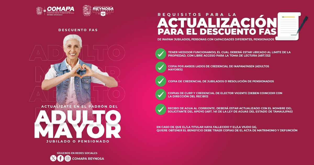 Invita COMAPA a actualizar el padrón para el descuento FAS a adultos mayores, jubilados y pensionados