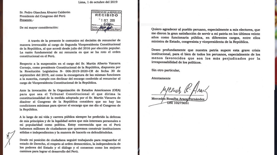 Mercedes Aráoz renuncia a la presidencia interina de Perú