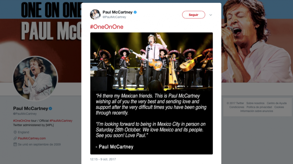 Paul McCartney manda un mensaje de cariño a México