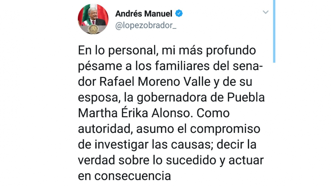 Envían condolencias por fallecimiento de gobernadora de Puebla y su esposo