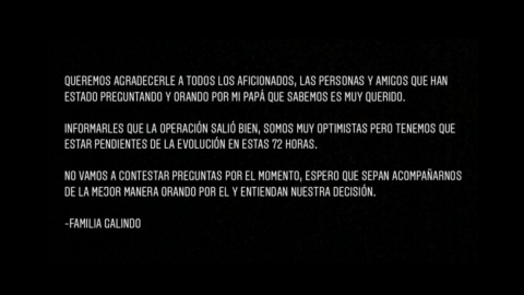 Benjamín Galindo es operado con éxito tras sufrir un derrame cerebral