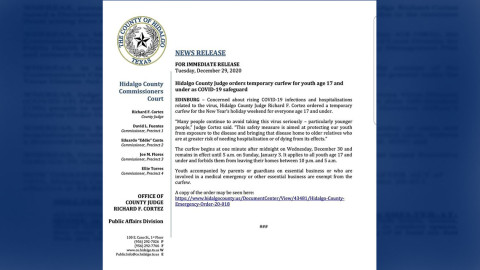 Condado Hidalgo impone toque de queda para menores de edad 