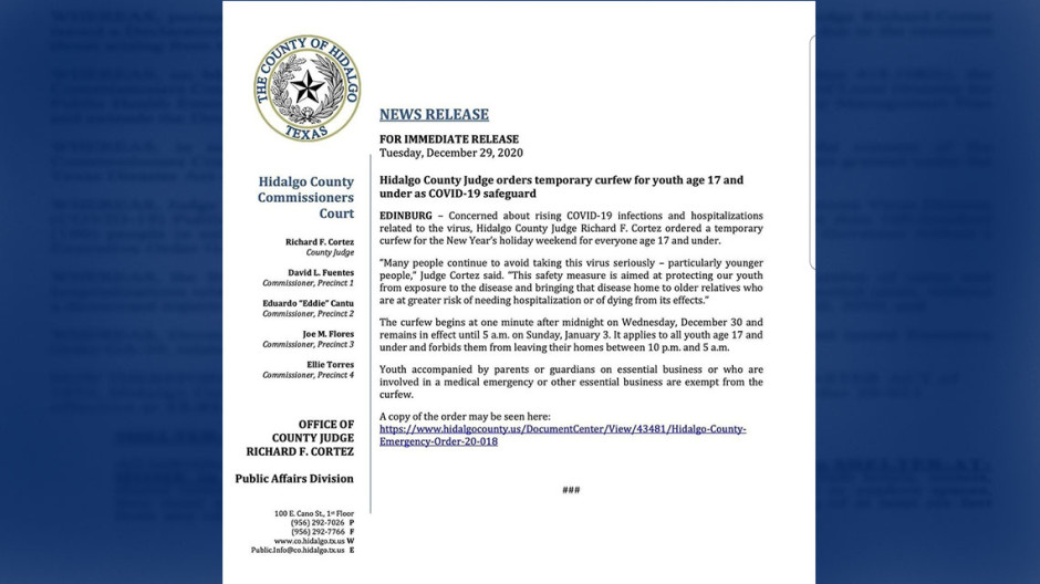 Condado Hidalgo impone toque de queda para menores de edad 