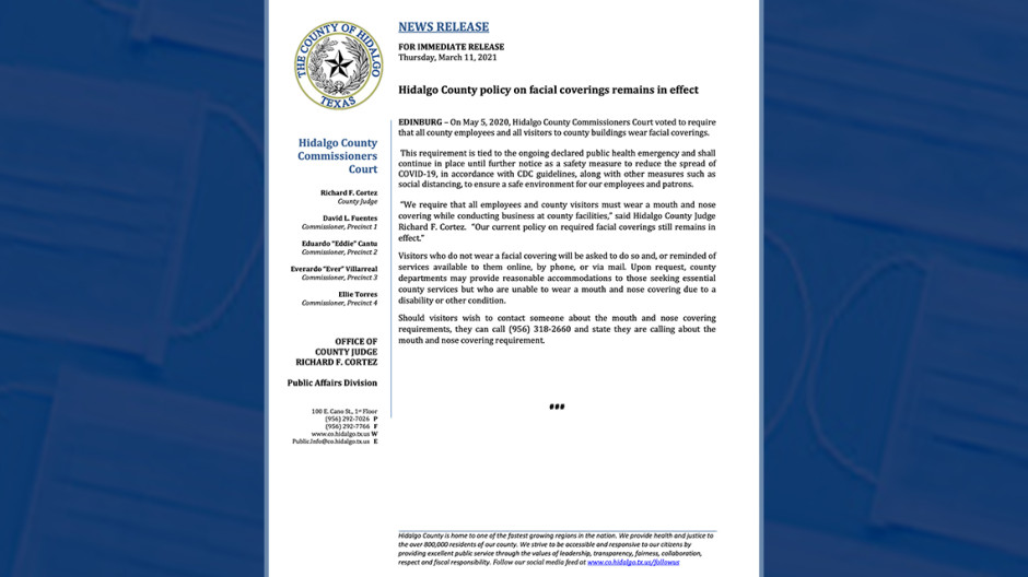 Condado de Hidalgo seguirá requiriendo cubrebocas en todos sus edificios