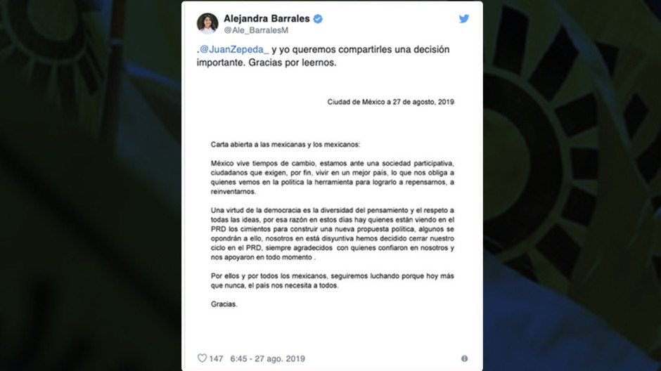 Alejandra Barrales y Juan Zepeda renuncian al PRD