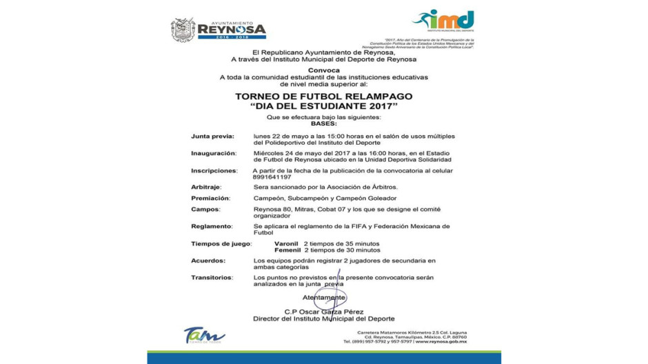 Instituto Municipal del Deporte invita al Torneo de Futbol Relámpago