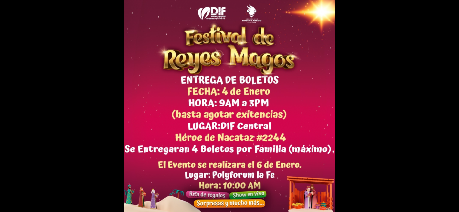 Anuncia Sistema DIF fecha y horarios para entrega de boletos del festival de Reyes Magos 
