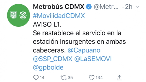 Se restablece servicio en estación Insurgentes del Metrobús