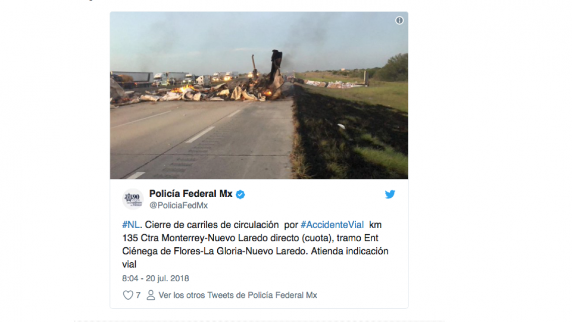 Se registra choque entre dos trailers en carretera Monterrey-Nuevo Laredo