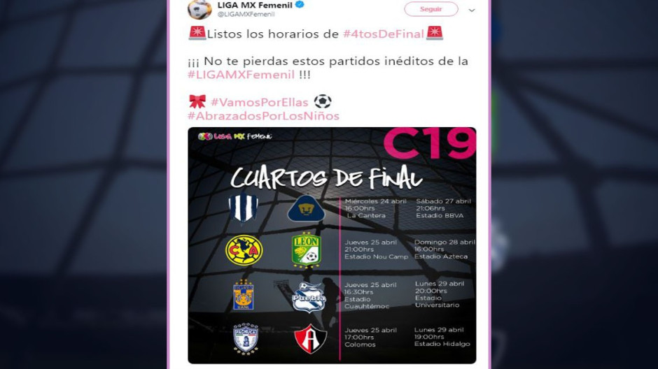 Definen horarios de cuartos de final de la Liga Mx Femenil