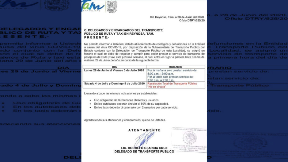 Tras incremento de casos de COVID-19, transporte público en Reynosa sólo funcionará en 2 horarios 