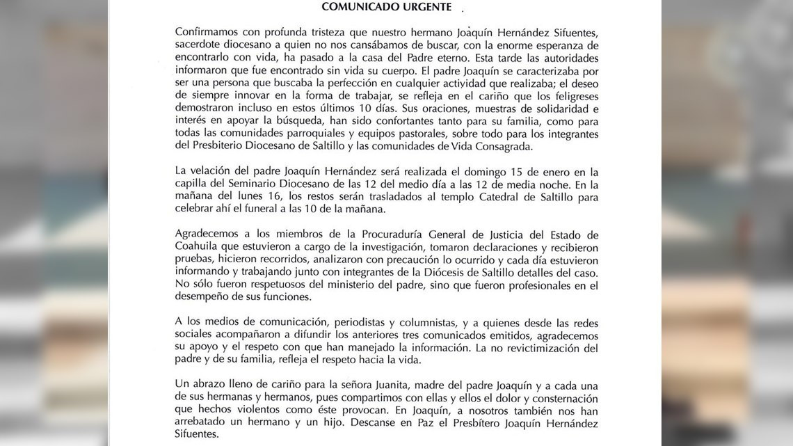 Caen 2 por asesinato de sacerdote en Saltillo