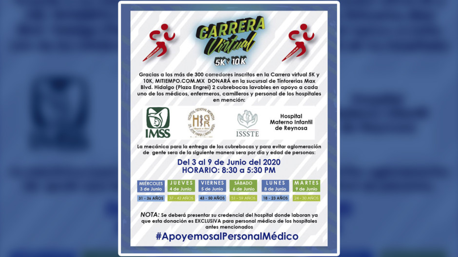 Carrera Max Wok & Run anuncia donación de cubrebocas a personal médico