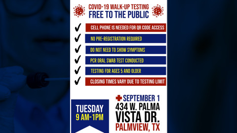 Realizarán pruebas COVID-19 gratuitas en Palmview